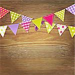 Bunting Flags With Wood Background, Vector Illustration