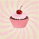 Cupcake With Cream And Cherry And Vintage Sunburst With Gradient Mesh, Vector Illustration