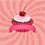 Cupcake With Cream Cherry And Sunburst With Gradient Mesh, Vector Illustration