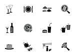 Collection of food and beverage icons depicting wine, coffee, tea, soda, takeaway foods, pizza, hamburger and bacon in a frying pan