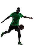 one african man soccer player green jersey kicking in silhouette  on white background