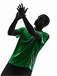 one african man soccer player applauding green jersey in silhouette  on white background