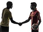 two men soccer player playing football competition handshake handshaking in silhouette  on white background
