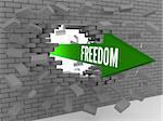 Arrow with word Freedom breaking brick wall. Concept 3D illustration.