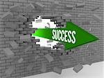 Arrow with word Success breaking brick wall. Concept 3D illustration.