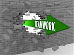 Arrow with word Teamwork breaking brick wall. Concept 3D illustration.