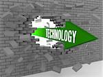 Arrow with word Technology breaking brick wall. Concept 3D illustration.