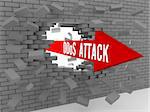 Arrow with words DDos Attack breaking brick wall. Concept 3D illustration.