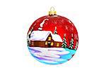Christmas jewelry and toys - a ball for a New Year tree, a winter lodge in the wood, a place for the text, isolated on a white background