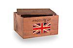 Wooden crate isolated on a white background, product of the United Kingdom