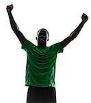 one african man soccer player celebrating victory green jersey in silhouette  on white background