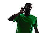 one african man soccer player green jersey hearing gesture  in silhouette  on white background