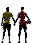 two men soccer player playing football competition hand in hand in silhouette  on white background