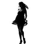 stylish silhouette caucasian beautiful woman walking dancing sumer dress  full length on studio isolated white background