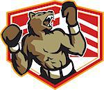 Illustration of an angry grizzly bear with gloves boxer boxing set inside crest done in retro style.