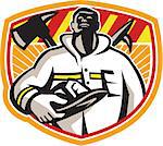 Illustration of a fireman fire fighter emergency worker looking up holding visor helmet with fire axe and hook pike pole crossed set inside shield done in retro style.