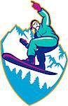 Illustration of a snowboarding jumping on snowboard pointing forward set inside crest shield with mountain alps and alpine trees in background.