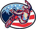 Illustration of a snowboarding spin jumping on snowboard set inside oval with alpine alps mountains and American stars and stripes flag in background done in retro style.