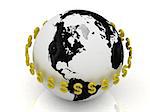 3D abstraction. Dollar signs in gold encircle the planet on a white background