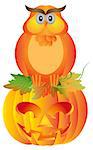 Happy Halloween Orange Fall Color Cartoon Owl Sitting on Jack O Lantern Carved Pumpkin Isolated on White Background Illustration