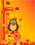 Happy Halloween Orange Fall Color Cartoon Owl Sitting on Jack O Lantern Carved Pumpkin with Fall Color Maple Tree Leaves Background Illustration