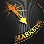 Marketing - Business Background. Golden Compass Needle on a Black Field Pointing to the Word "Marketing". 3D Render.