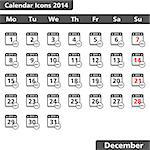 Calendar icons, December 2014, vector eps10 illustration