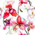 Seamless pattern with Beautiful orchid, watercolor illustration