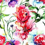 Seamless pattern with Beautiful Peony flower, Watercolor painting