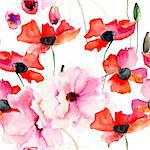Seamless wallpaper with Colorful pink flowers, watercolor illustration