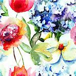 Seamless wallpaper with original beautiful flowers, Watercolor painting