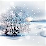 Winter landscape with a tree silhouette.The illustration contains transparency and effects. EPS10