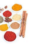 set of spices cucurma, pepper, cinnamon, curry and anise  isolated on white