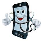 Cartoon illustration of a phone doctor character holding a stethoscope