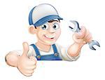 A plumber or mechanic holding a wrench or spanner and giving a thumbs up while peeking over a sign or banner