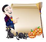 Halloween scroll or banner sign with orange carved Halloween pumpkins and black witch's cats, witch's broom stick and cartoon Dracula vampire character