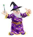 Illustration of a happy cartoon wizard character holding a wand and giving a thumbs up