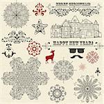 vector vintage holiday  design elements  and snowflakes, fully editable eps 10 file, standard AI fonts