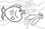 Black and White Cartoon Illustration of Big Fish in the Sea for Coloring Book