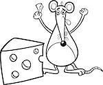 Black and White Cartoon Illustration of Cute Mouse or Rat Rodent with Cheese for Coloring Book