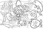 Black and White Cartoon Illustrations of Funny Sea Life Animals and Fish Mascot Characters Group for Children for Coloring Book