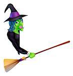 An illustration of a Halloween witch leaning round a banner or sign and pointing with her broom