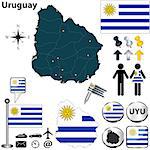 Vector of Uruguay set with detailed country shape with region borders, flags and icons