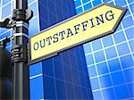 Outstaffing Word on Yellow Roadsign on Blue Urban Background. Business Concept. 3D Render.