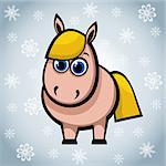 Funny cartoon horse with big blue eyes on a winter background.