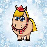 Funny cartoon horse with hat and scarf on a winter background.