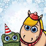 Funny cartoon horse and green owl on a winter background.