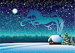 Vector winter landscape with snow hut and magic horse silhouette on a starry night background.