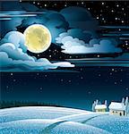 Winter night landscape with snowy huts and full moon on a starry sky  background.