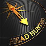 Headhunting - Business Concept. Golden Compass Needle on a Black Field Pointing to the Word "Headhunting". 3D Render.